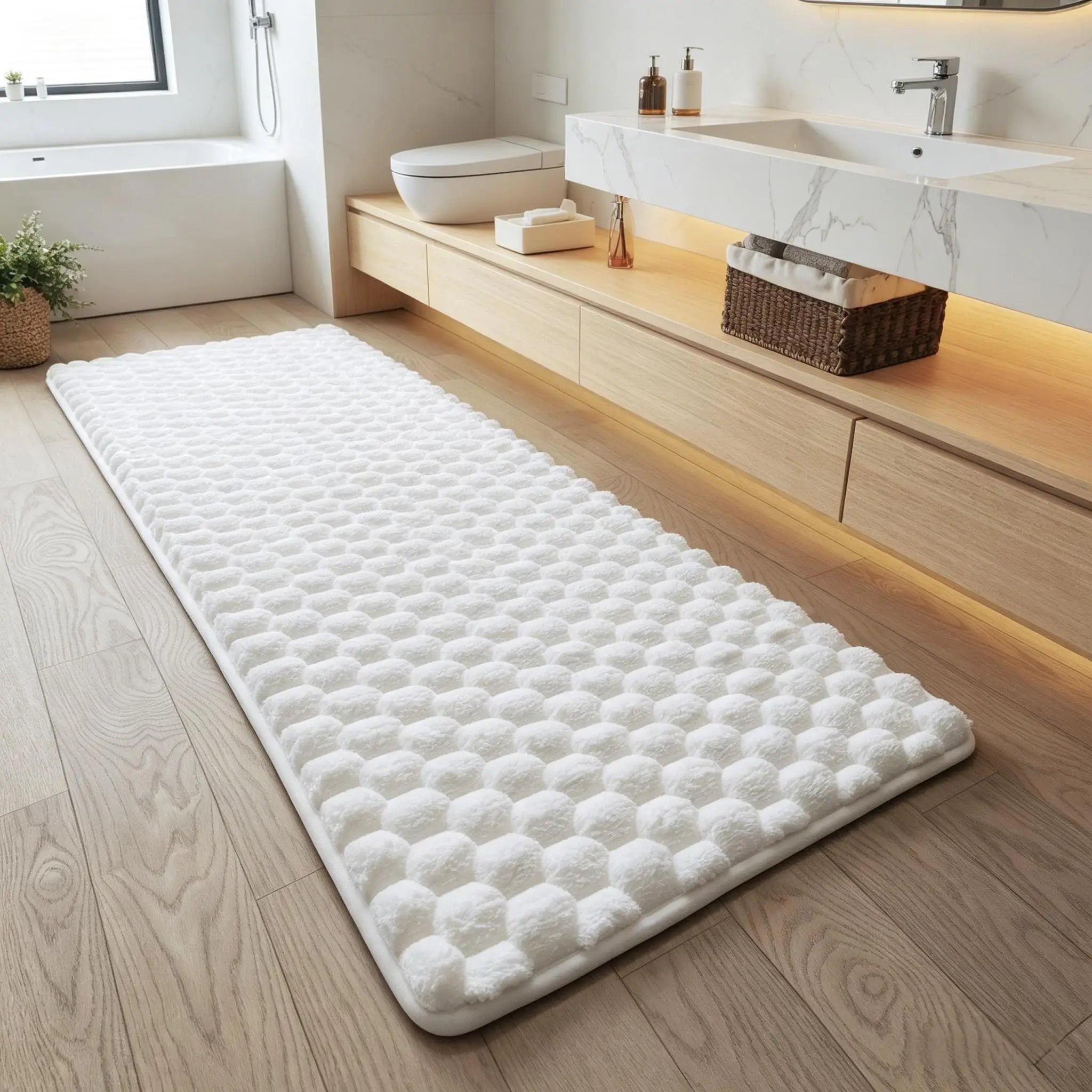 Long Solid Color Particle Velvet Memory Foam Bath Mat, Absorbent Quick Dry Non-Slip Bathroom Runner Rug for Shower